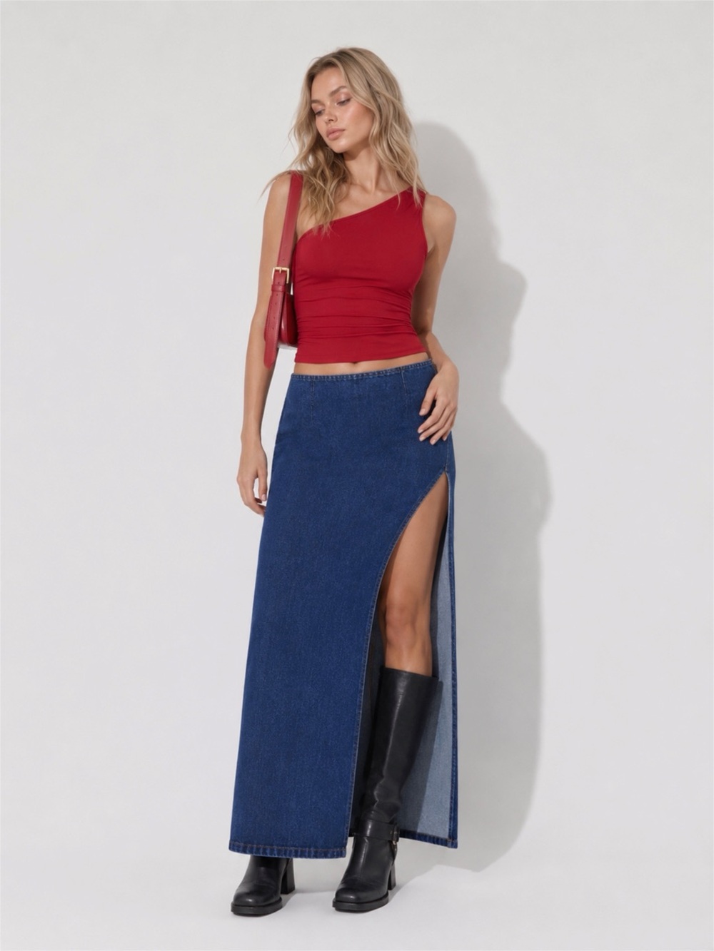Superdown Denim Maxi Skirt with High Side Slit - Blue Wash